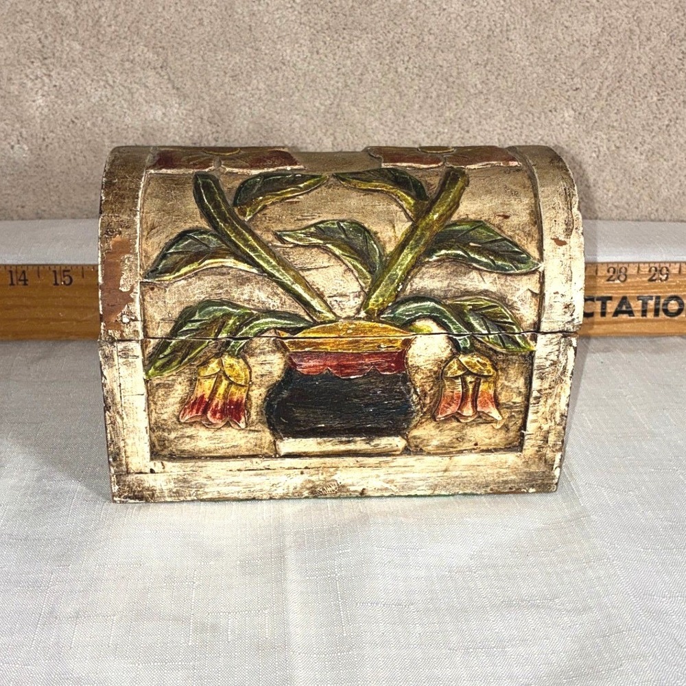 Vintage Hand Carved Wooden Trinket Box Floral Dome Top Treasure Chest Rustic 8in